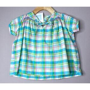 NWT Bella Bliss Smocked Blue/Pink/Green Plaid Tie-Front Blouse Girls 5 Yrs